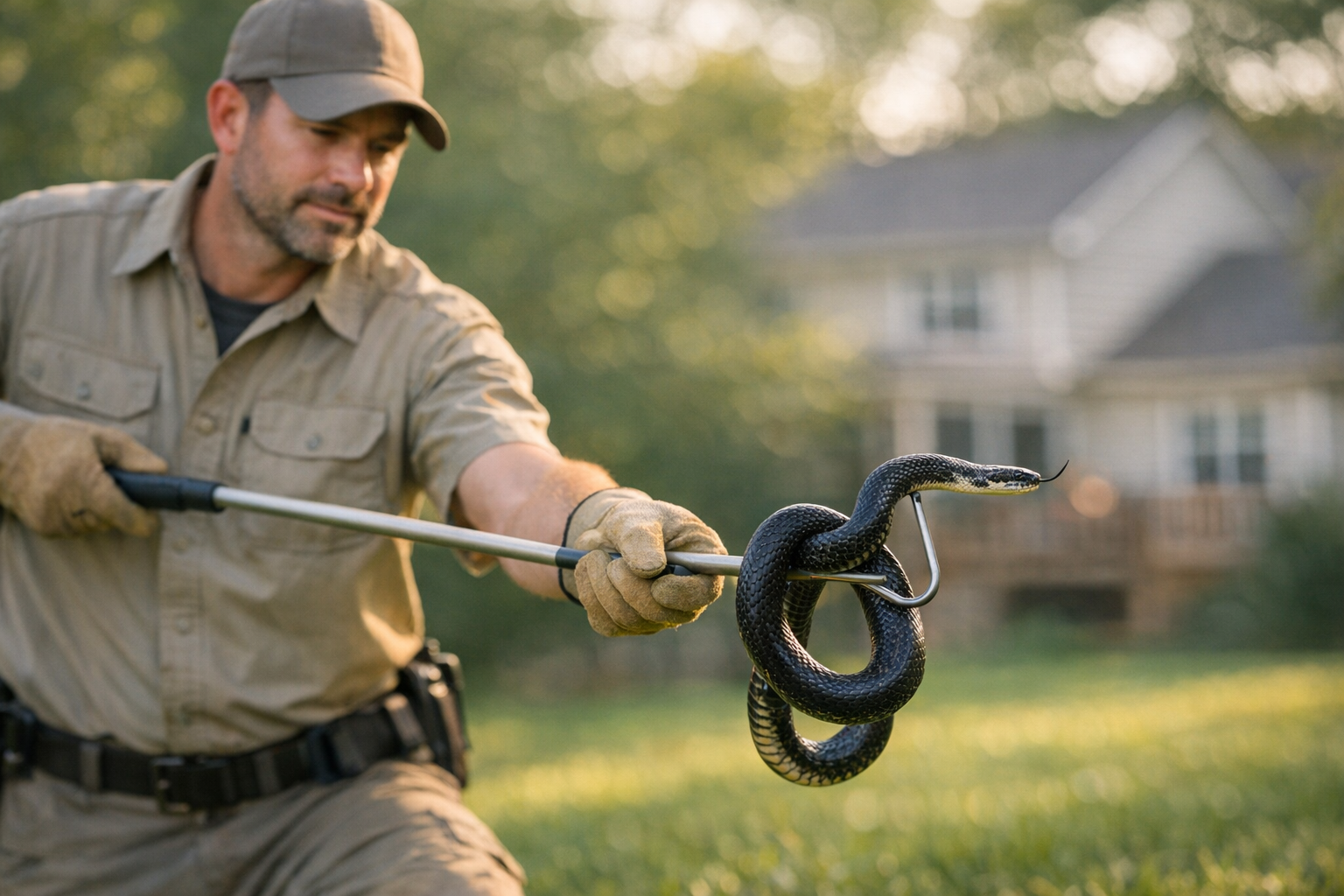 Wildlife control technician safely removing a snake from a Louisville backyard using a snake hook